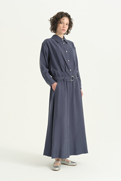 Nihan Viscose Skirt Shirt Set - Indigo