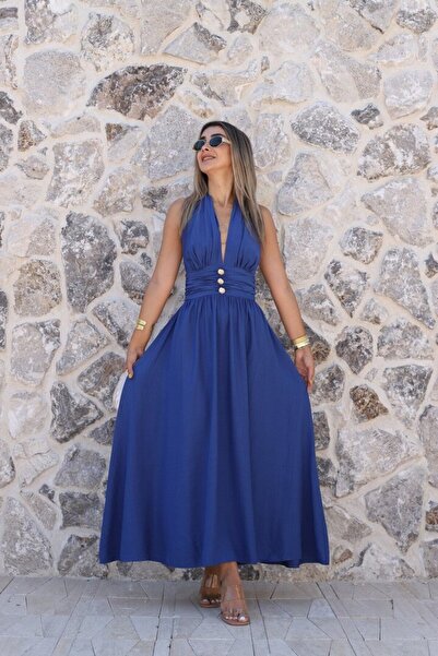 bytugcekaya Indigo Gold Buttoned Neck Tie Dress