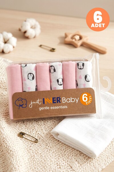 Just inner Baby Girl 6-Piece Cotton Mouth Wipes Penguin Patterned Boxed Set B...