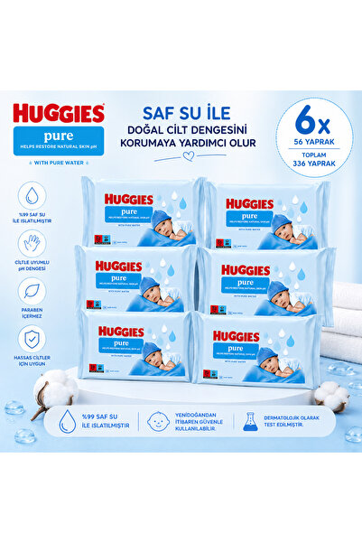 Huggies مناديل مبللة نقية للأطفال 56 منديلًا تحتوي على 99% ماء نقي للبشرة الح...