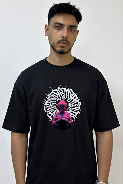 Anetos Neon Sculpture Calligraphy Design Printed Oversize Black T-Shirt