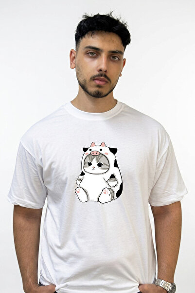 Anetos Cat Cow Design Printed Oversize White T-Shirt