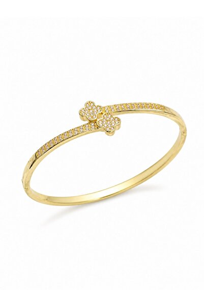 serelya Brass Gold Color Zircon Stone Clover Model Women's Handcuff Bracelet