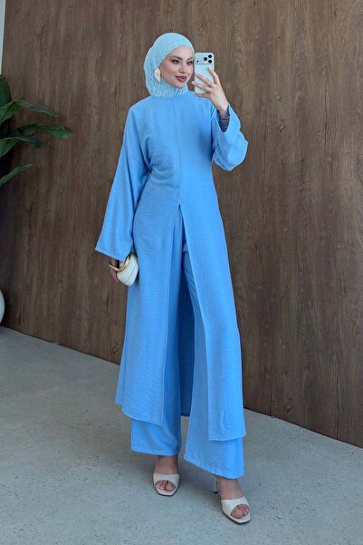 Hazamoda Nora Front Slit Linen Suit Blue