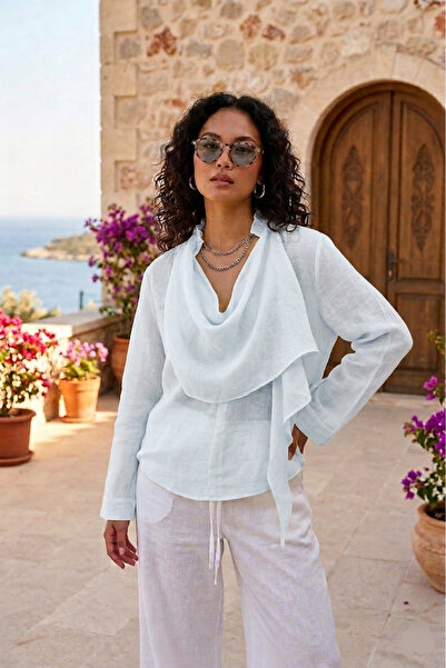 Lovely butik Γυναικεία μπλούζα Degaje με γιακά σάλι, λινό ύφασμα και διαφανή υφή
