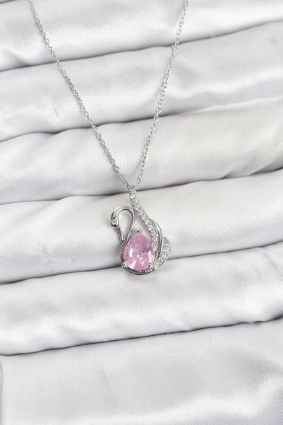 Bidi House Pink Swan Women's Necklace Silver Color Zircon Stone 316 L Steel 45 cm