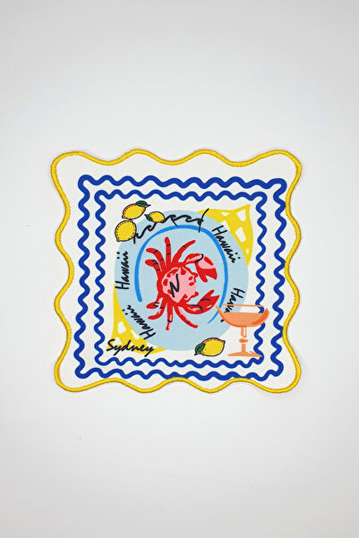 decofav Crab & Lemon Patterned Embroidered Edge Cocktail Napkin – Special Des...