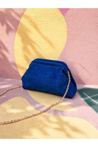SANTA FLEX Shiny Denim Textured Navy Blue Clutch Handbag with Chain Strap