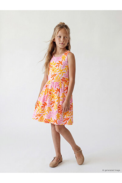 LC Waikiki Lcw Kids Pink Crew Neck Patterned Girl's Dress
