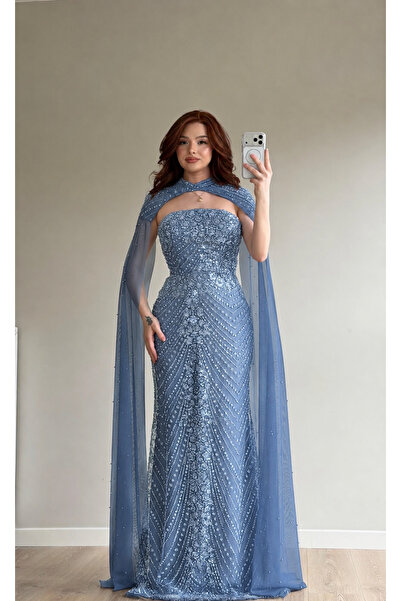 ayşenur Dinçer butik Elizan Pelerinli Maxi Abiye İndigo