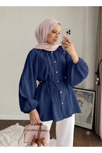 onlymoon Reglan Kol Oversize Bel Bağlamalı Tesettür Gömlek Kadın Lacivert Sal...