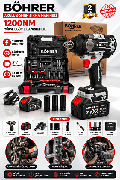 BÖHRER BA011365 PRO ORJİNAL 1200NM ÇİFT AKÜLÜ SOMUN SIKMA BİJON SÖKME MAKİNESİ