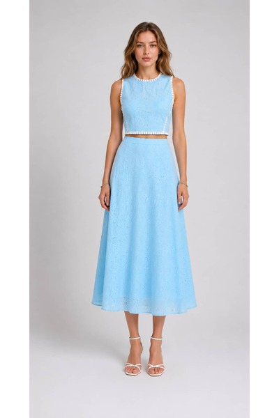 MODA Mavi Brode Crop Bluz Etek Takımı