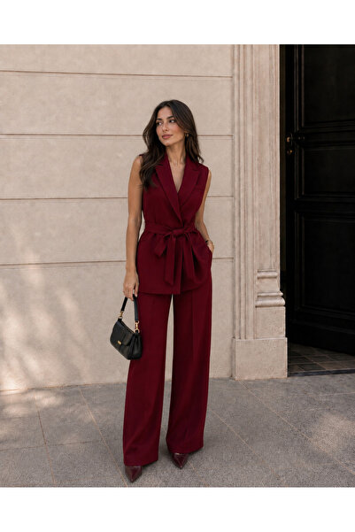DL BUTİK Bordo Kuşaklı Kolsuz Blazer Yelek Geniş Paça Pantolon İkili Takım