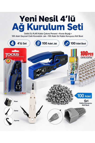 Derwell Yeni Nesil 4'lü Ağ Kurulum Seti - Delikli Ez RJ45 Kablo Çakma Pensesi...