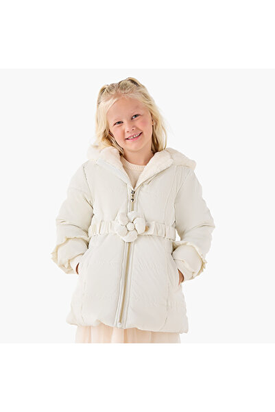 Juniors Floral Accent Hooded Jacket with Long Sleeves and Belt