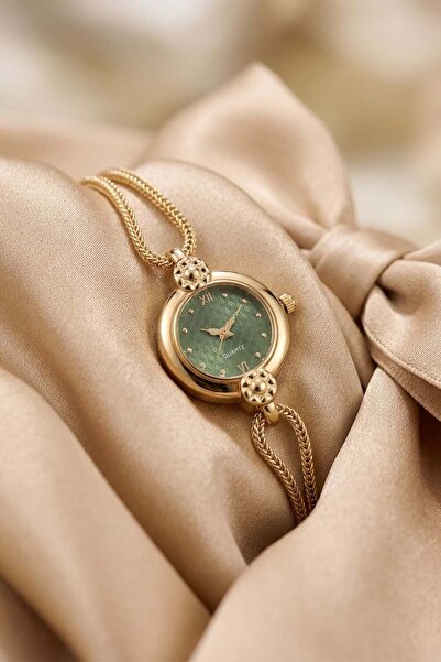GANYMET Minosh Women's Gold Wicker Cord Green Dial Elegant Vintage Quartz Wri...
