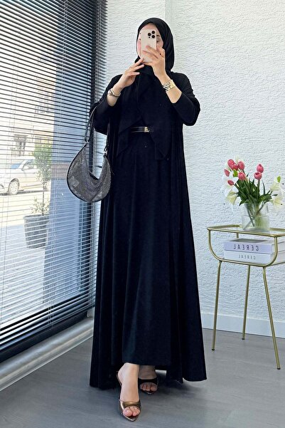 MELEK ARAZ Premium Double Face Yarasa Kol İkili Abaya Takım - Siyah