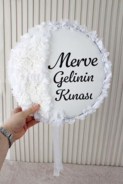 Mortex Beyaz Aplik ve 3D Çiçek Süslemeli Kişiye Özel Gelin Tefi 32 cm Kına, D...