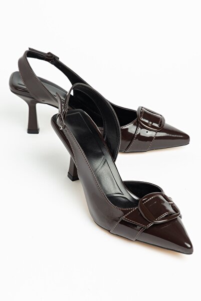 Moda Eleysa Jayla Women's Brown Patent Leather Buckle Detailed Thin Heeled Ca...