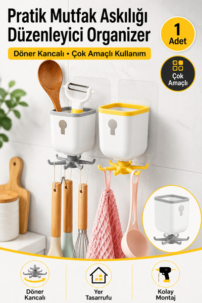 Hane Dostu Pratik Mutfak Askılığı Düzenleyici Döner Kancalı Çok Amaçlı Duvar ...