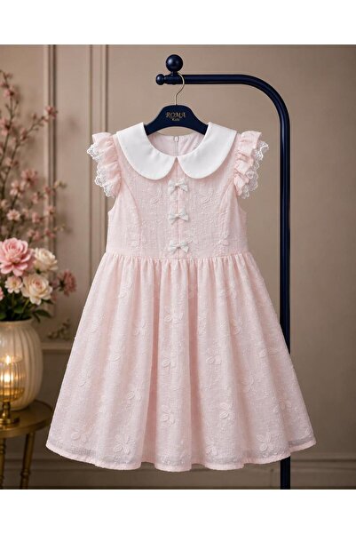 Rawai Roma Girl's Dress with White Collar and Bows Embroidery