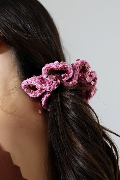 FATMA PULLU İP Pink Sequin Hand Knitted Hair Clip – Handmade Hair Clip