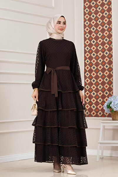 Sevitli Layered Lace Elisa Hijab Dress-Brown