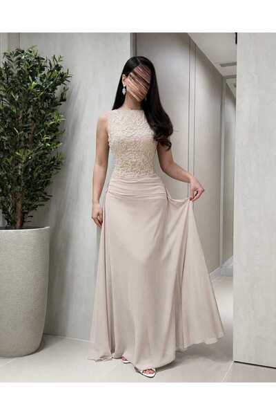MNCENTER Beige Embroidered Evening Dress
