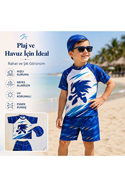 rony pony kids Erkek Çocuk Mavi Şimşek Desenli Mayo Takımı 3 Parça Tişört Şor...