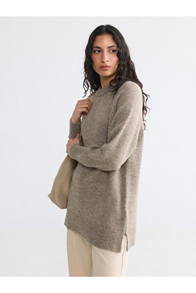 LC Waikiki Lcw modest brown crew neck Oversized women's knitwear tunic