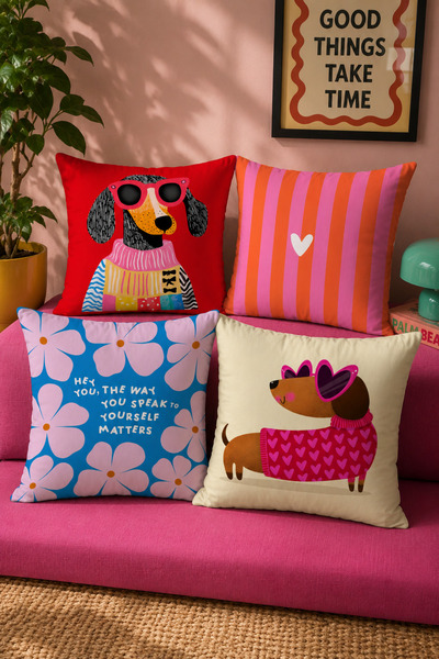 Evmila Husă decorativă pentru pernă cu design Pop Art, cu câine și flori, 43x...