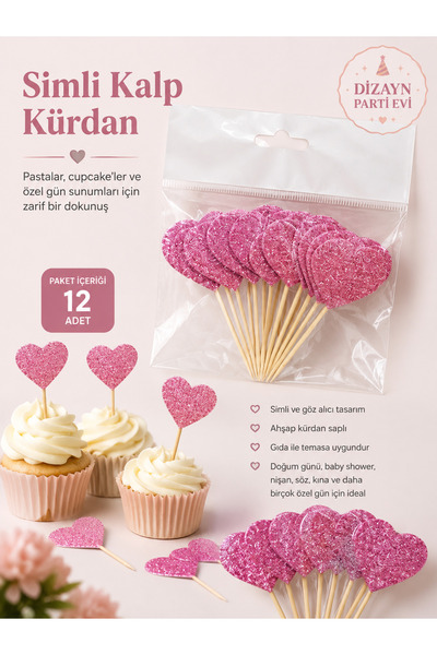Dizayn Parti Evi Simli Pembe Kalp Kürdan Süs 12 Adet | Pasta Cupcake Muffin P...