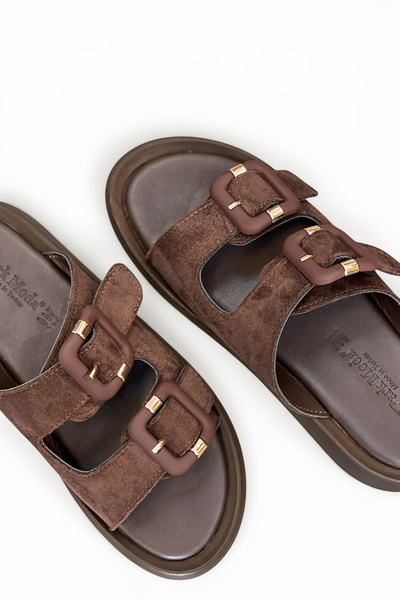 HANZE Women's Slippers Daily Short Flat Heel Brown Double Strap Buckle New Se...