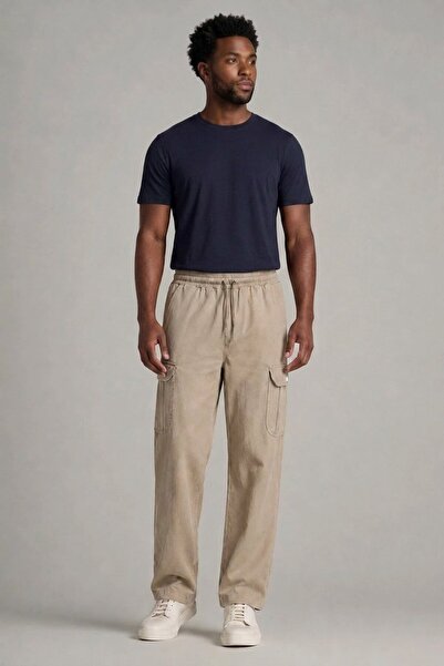 DAMGA JEANS بنطلون كارجو كلاسيكي من الكتان للرجال