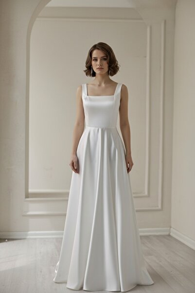 ENDAMIM Satin Evening Dress Square Neck Sleeveless A-Line Pleated Long Weddin...