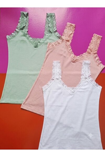 Demirsa Boutique Dantel Askılı Modal Kumaş 3'lü Kadın Atlet Beyaz, Pudra ve Yeşil Renk
