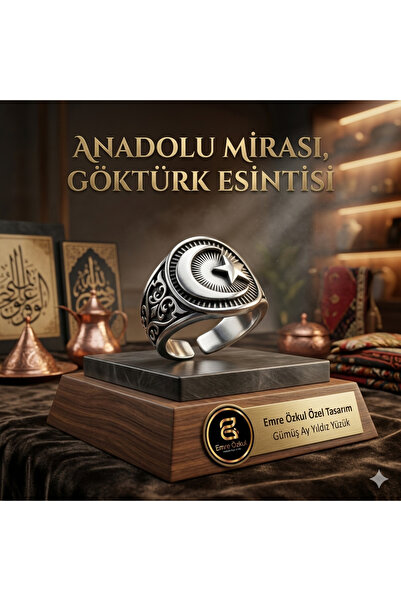 Ebijuteri Antik Gümüş Renk Ay Yıldız İşleme Ayarlanabilir Erkek Yüzük