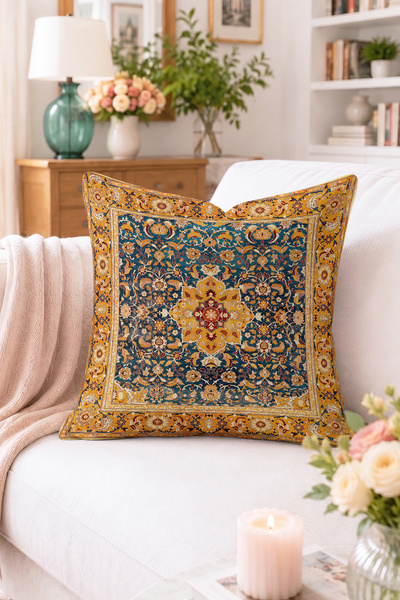 Home Turkuaz Zeminli Sarı Bordürlü Çiçek ve Osmanlı Motifli Kırlent Kılıfı - ...
