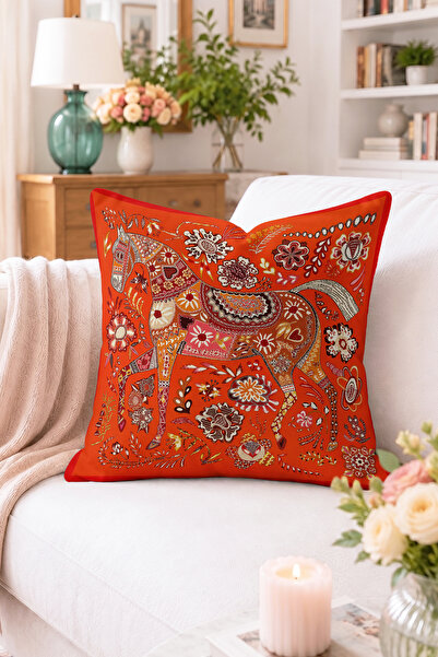 Home Patchwork At Desenli Turuncu Kırlent Kılıfı - Bohem Dekoratif Yastık Kılıfı