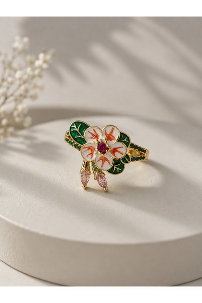 Duiwerlis Women's Design Enamel Peach Flower Ring Hand-Painted Adjustable Gold Color Jewelry
