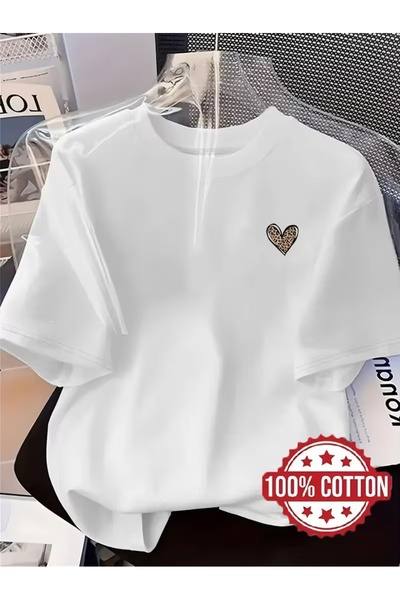 AEMİ Unisex Leopard Heart Printed Oversize Crew Neck T-Shirt