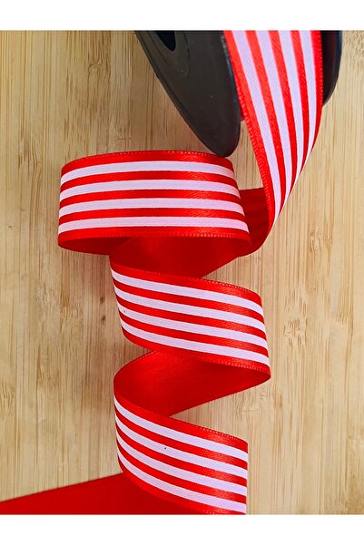 Öztürk Tuhafiye Stripe Printed Satin Ribbon 2.5cm X 1Meter. Color: Red-White.
