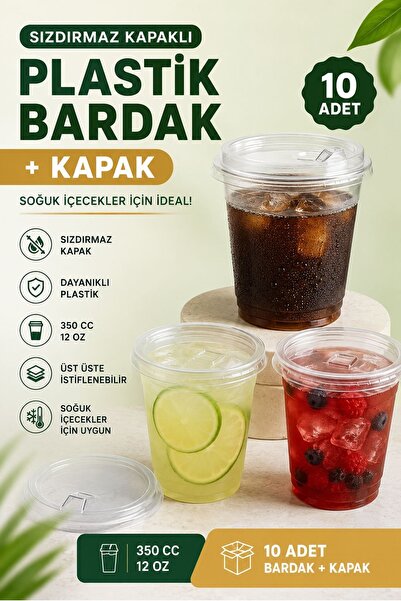 Kitchen Beauty 10 Adet 350 cc Kapaklı Sert Plastik Bardak Pet Bardak Limonata...