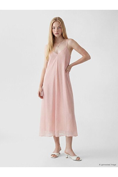 LC Waikiki Xside Pink V-Neck Rope Strap A-Line Dress