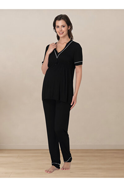 ByLohusa Comfortable Fit Short Sleeve Maternity Pajama Set Effortt - Black