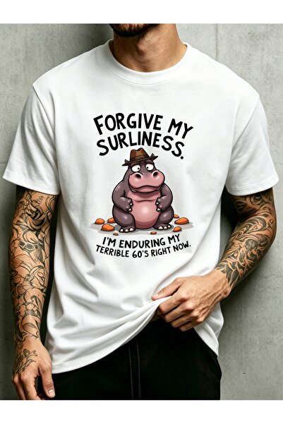 1001 Line Cartoon Humorous Text Mens Crewneck T Shirt Loose Fit 100 Percent C...