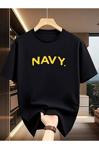 NOURAM تي شيرت NAVY بطباعة صفراء لافتة للنظر، قطعة أنيقة متوفرة باللونين الأس...