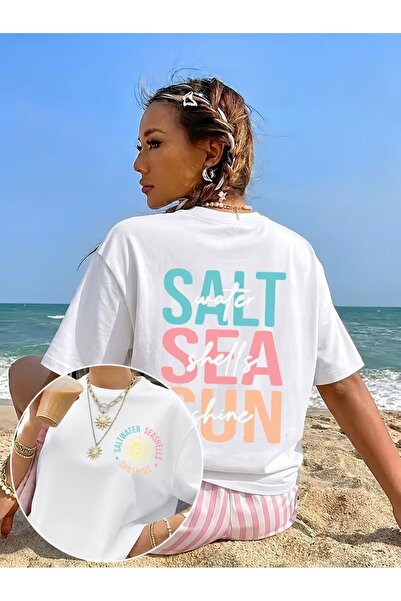 AEMİ Tricou unisex cu imprimeu Salt Sea Sun, supradimensionat, cu gât rotund
