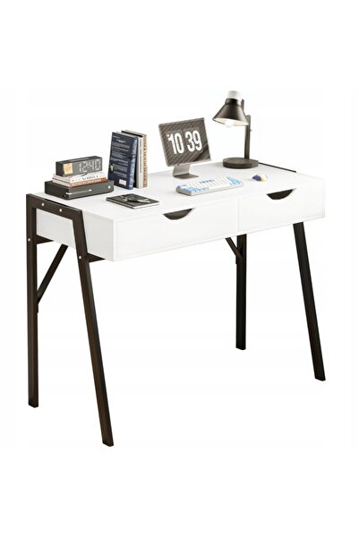 Rebiko Birou Loft Modern cu Sertare, Alb pe Picioare Negre Premium, 80 cm